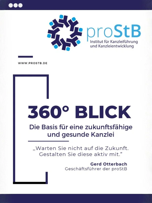 Titelseite eines proStB Informationsdokuments mit Logo und Überschrift zum 360° Blick Flyer für zukunftsfähige Kanzleientwicklung.