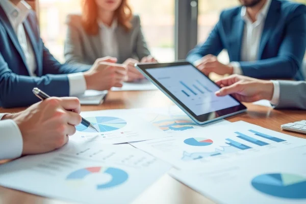 Team analysiert Diagramme und Präsentationen auf Tablet und Unterlagen am Tisch und bewertet Daten gemeinsam mit umfassendem 360°-Blick.