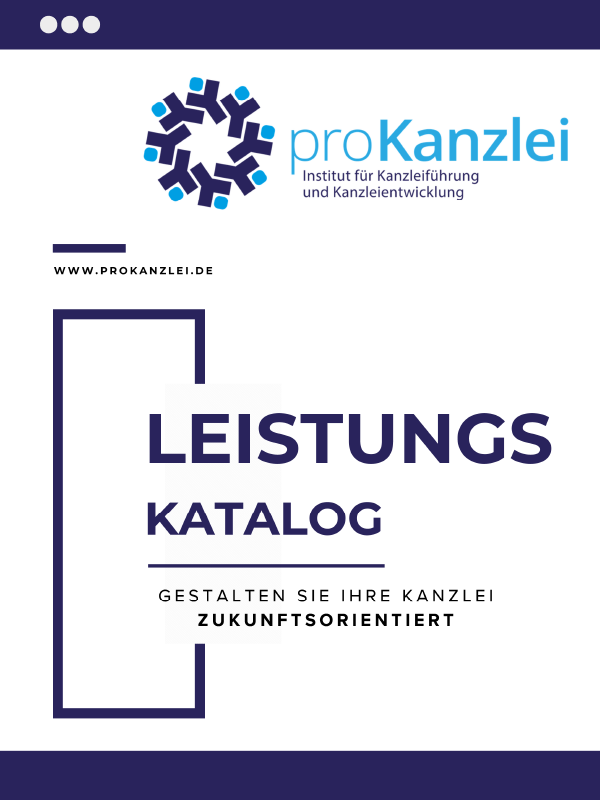 Titelseite eines proSTBInformationsdokuments mit Logo und Überschrift zum Leistungskatalog für zukunftsorientierte Kanzleientwicklung
