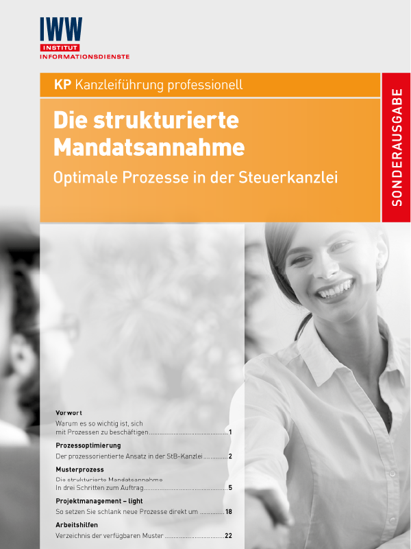 Titelbild eines Medien-Dokuments „Die strukturierte Mandatsannahme – Optimale Prozesse in der Steuerkanzlei“ zur professionellen Kanzleiführung und Prozessoptimierung.